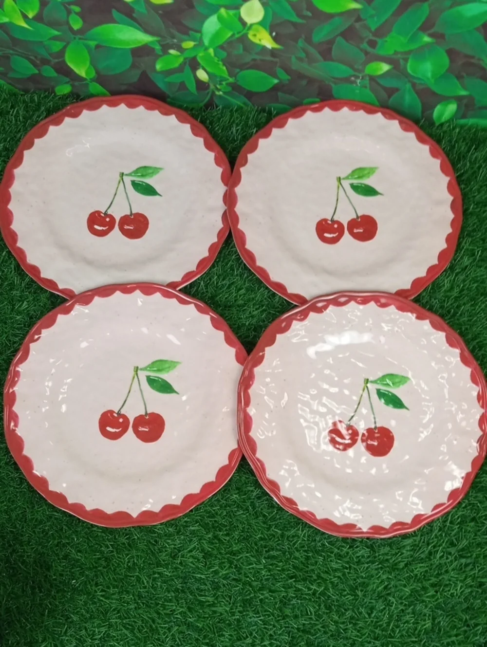 ⛱️ Cherry Accent Salad Plates - Red Trim (Set of 4)